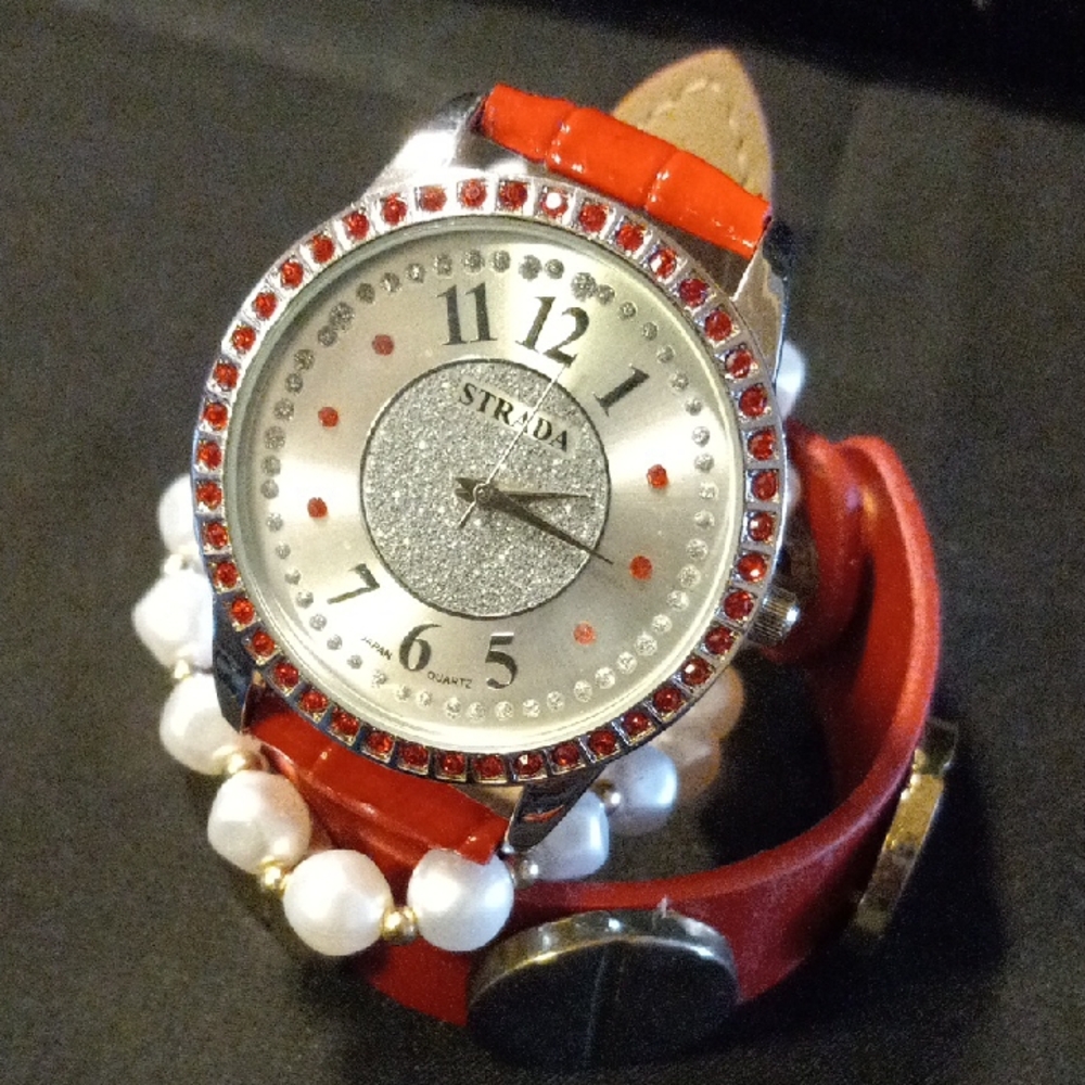 Strada Red and Silver Watch with Pearl bracelet and a red Silver snap bracelet